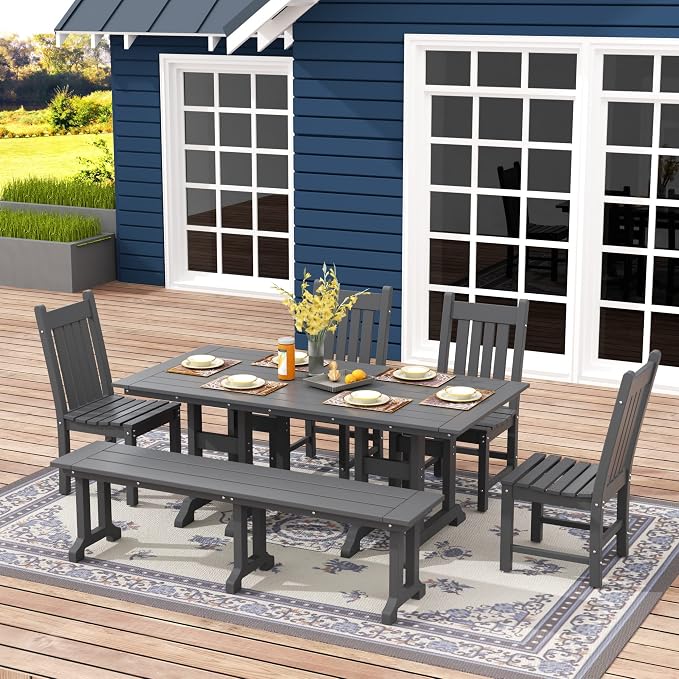 WO Home Furniture Adirondack Patio Dining Chair Table Bench Set of 6 PCS Rectangle Dinner Table Dining Armless Chairs (Gray)