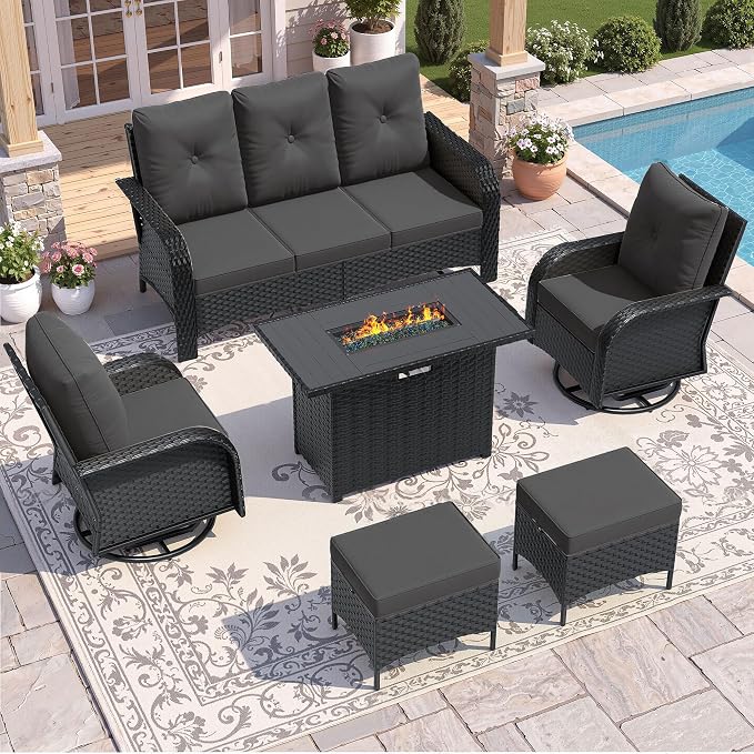 UDPATIO Patio Furniture Set with 44" Fire Pit Table, High Back 2 Swivel Rocker Chairs, Wicker Outdoor Conversation Sets with Thick Cushions & Ottoman, for Garden, Porch