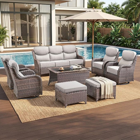 Luxury High Back Outdoor Furniture with 6-Inch Thick Cushions, Patio Furniture Set with Swivel Chairs, 8 PCS Wicker Conversation Set for Porch, Balcony, Deck and Yard
