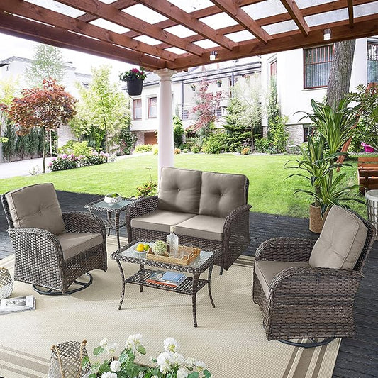Belord 5 Piece Wicker Patio Furniture Set - Outdoor Conversation Sets with Deep Seating Swivel Rocker Chairs Loveseat and Rattan Coffee Table for Deck Backyard, Brown Wicker/Grey Cushion