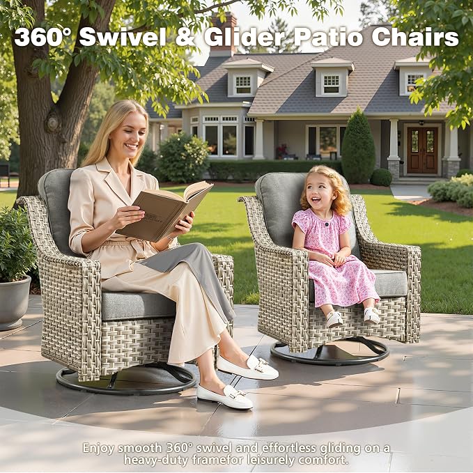 CAODOC 11 Pieces Outdoor Patio Furniture Set, Rattan Wicker Sectional Swivel Rocker Chairs Sets with Fire Pit, Swivel Glider Chairs, and Solar Powered Table