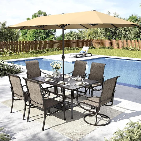 MFSTUDIO Patio Dining Set for 6, Outdoor Dining Set with Umbrella, Patio Furniture Set with 1 Rectangular Table Fixed Chairs 2 Swivel Chairs & Beige Umbrella (Base not Included)