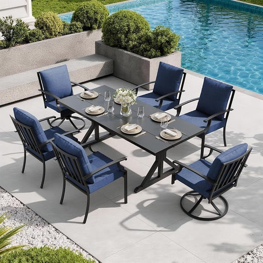 7 Pieces Patio Dining Set Outdoor Conversation Set,Metal Outdoor Furniture Set with Umbrella Hole Cut-Out 78.7" x 35.4" Table and 8 Metal Chairs for Backyard,Garden,Navy