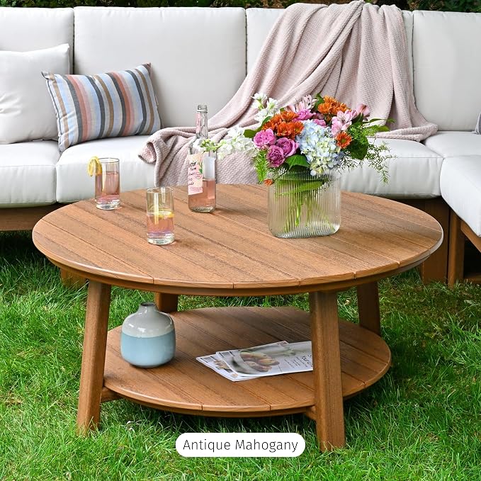 LuxCraft Deluxe Poly Round Outdoor Coffee Table, Two Tier Coffee Table, Round Conversation Tables for Outside Patio with Lower Shelf - Amish Made in USA (Aruba Blue & White)