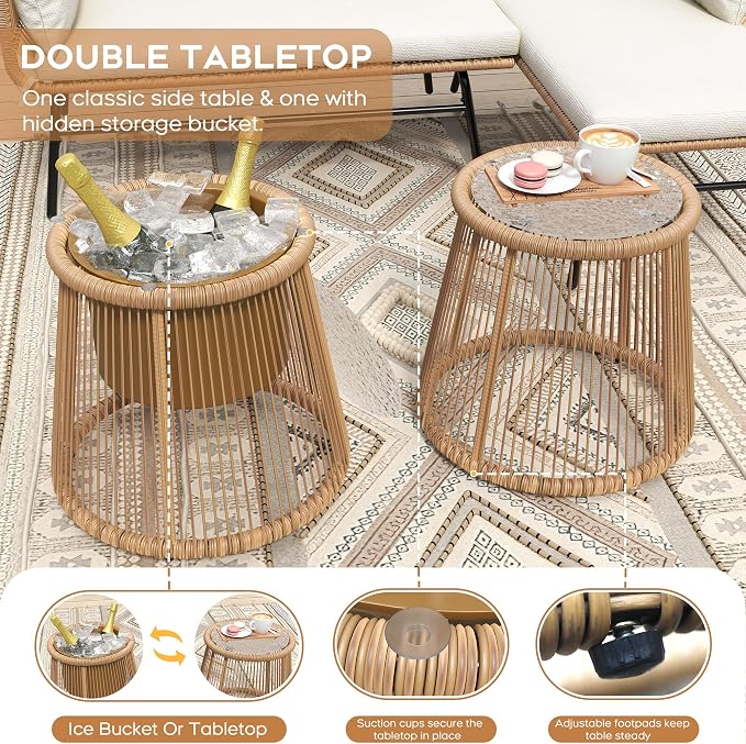 6-Piece Boho Outdoor Patio Furniture Set, L-Shaped Wicker Sectional Sofa with Ice Bucket Table & High Back, Sturdy 500lbs Frame for Garden Balcony Deck or Backyard, Beige