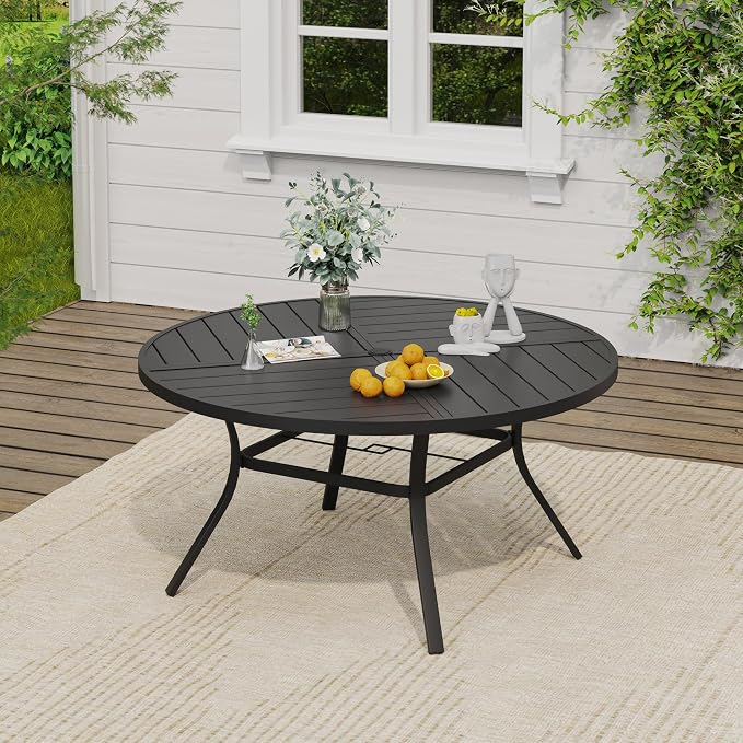 VICLLAX 50" Round Outdoor Table, Patio Dining Table for 6 with Umbrella Hole for Garden Lawn Deck Backyard, Black