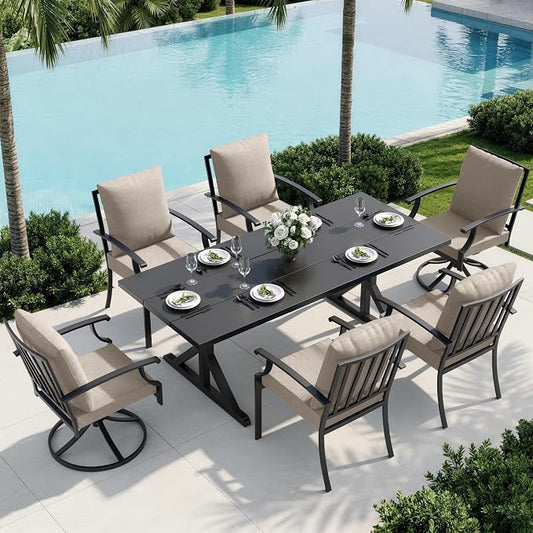 7 Piece Outdoor Dining Set for 6, Metal Patio Table and Chairs with Cushions, Patio Furniture Set with 2 Swivel Chairs, Rectangular Metal Dining Table with Umbrella Hole, Lawn Deck Yard-Sand