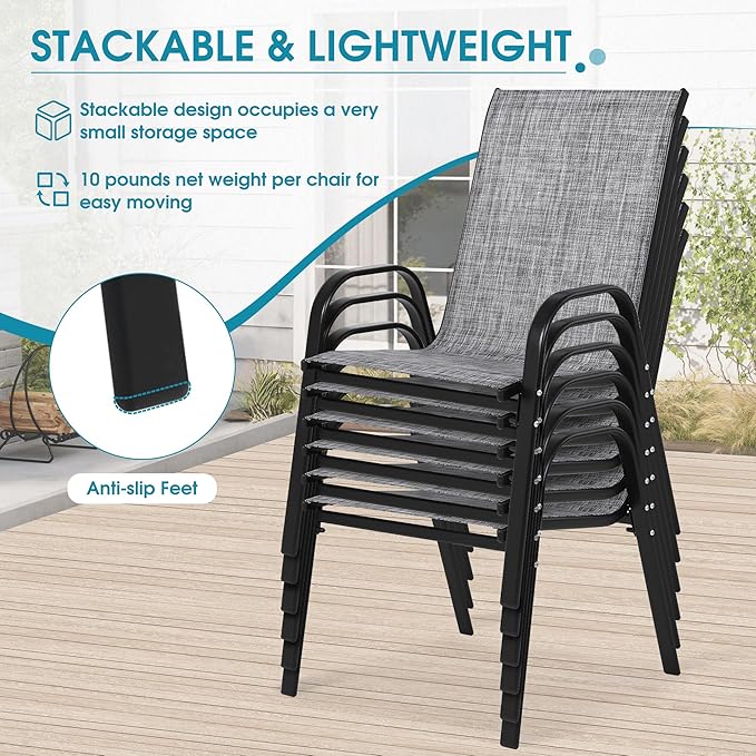 24.4" Wide Outdoor Stackable Chairs Set of 6, Stacking Patio Chairs with Textilene Fabric, Outside Furniture for Garden Backyard Balconie Poolside Deck, Grey