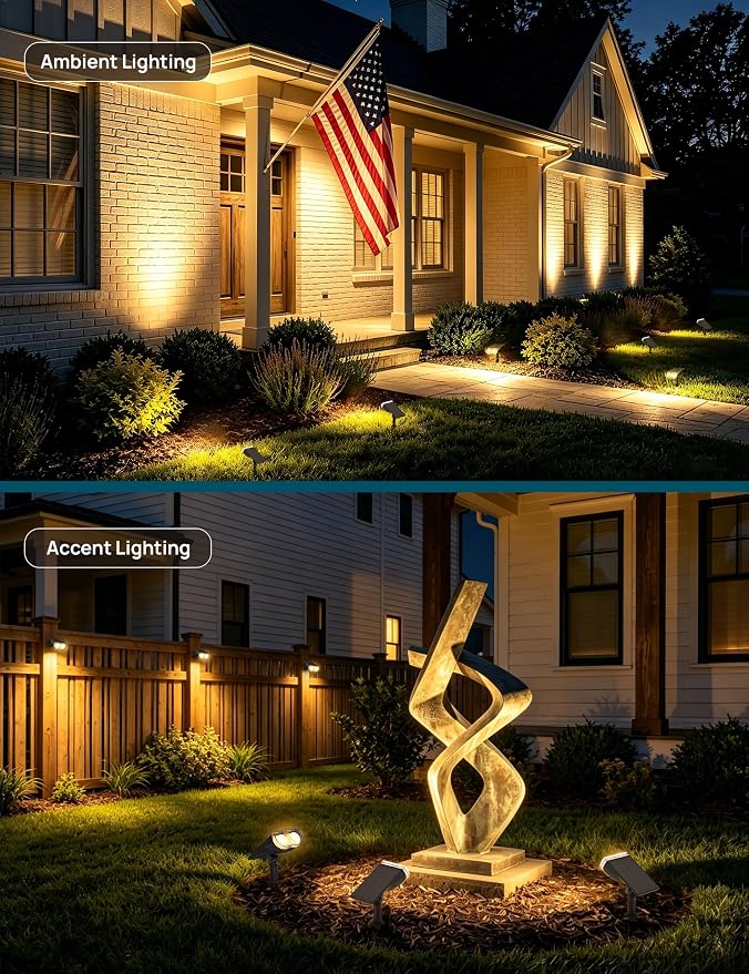 Linkind Solar Lights Outdoor Waterproof LED Spotlights Warm White 4 Pack | Starray, 3 Lighting Modes, 650LM, 3000K, Dusk to Dawn, In-Ground Wall-Mounted for Landscape Yard Garden Tree Flag Pathway