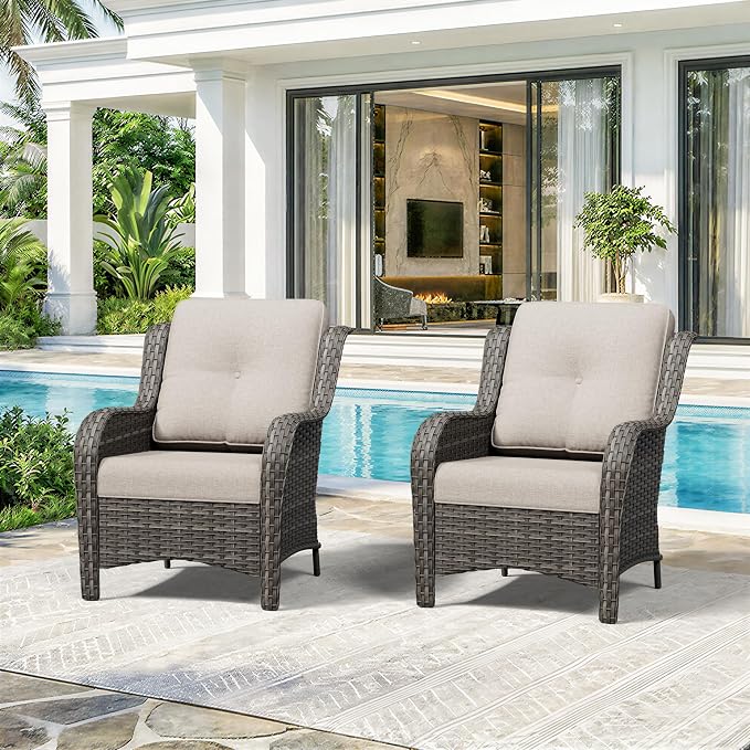 Patio Chairs Set of 2, Outdoor Wicker Patio Furniture Set with Thickened Olefin Cushions, High Back and Deep Seating, Wide Curved Armrest Hand-Woven PE Rattan for Porch, Deck, Beige