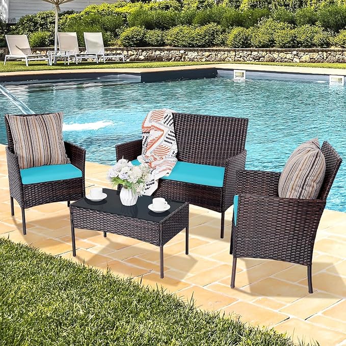 Patio Furniture Set 4 Pieces, Outdoor Rattan Furniture with Tempered Glass Coffee Table, Modern Rattan Patio Chairs Conversation Sets with Sofa for Garden, Terrace, Porch, Lawns Brown/Blue