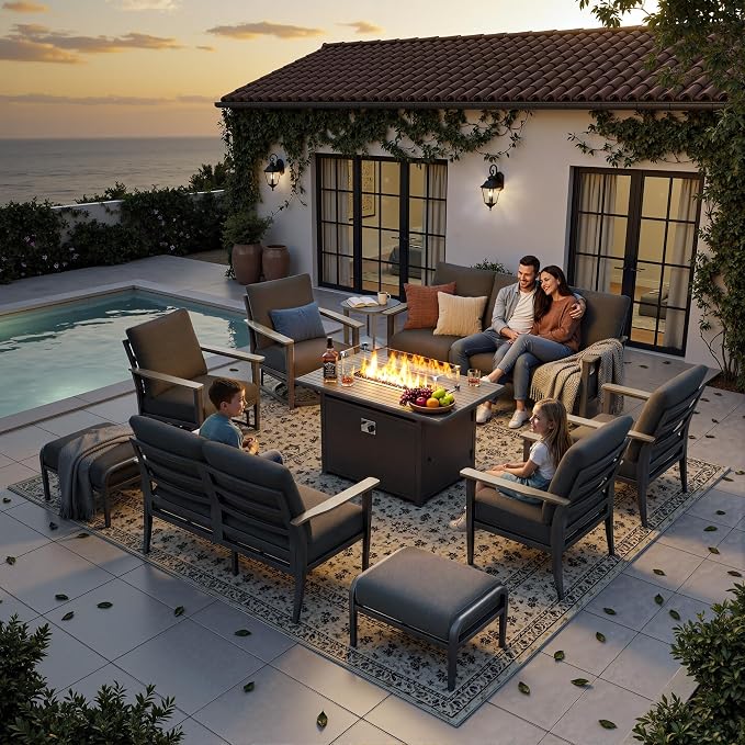 Aluminum Outdoor Patio Furniture Set with Swivel Rocking Chairs 11-Seat, Patio Sectional Sofa with Ottomans Patio Conversation Set with 55,000 BTU Fire Pit Table & High Backrest, Dark Grey