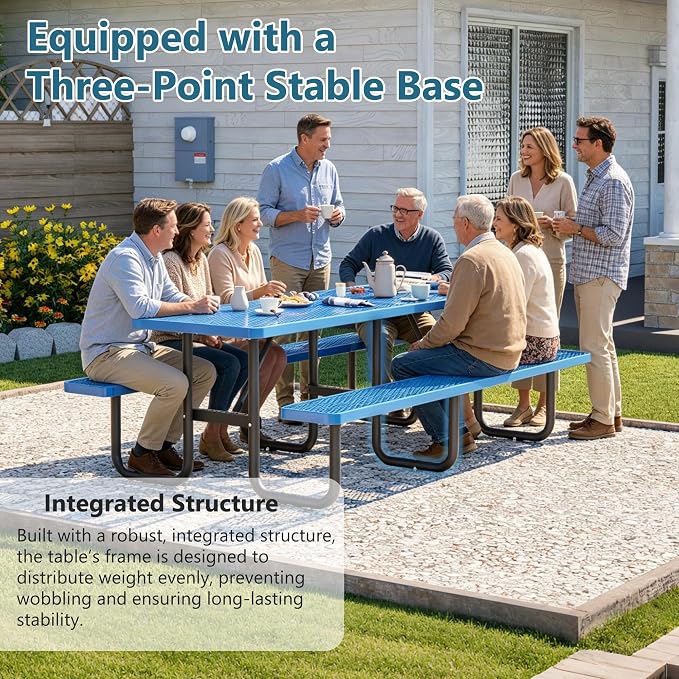 96" Heavy Duty Metal Picnic Table for 10 People, Outdoor Dining with Umbrella Hole, Galvanized Steel Rustproof Frame 882LBS Capacity, Mesh Top for Garden Patio Camping, Blue