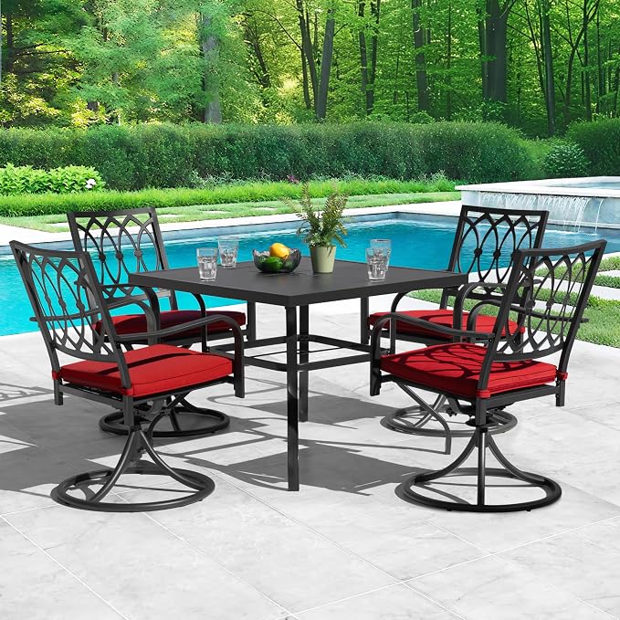 NUU GARDEN 5 Piece Outdoor Dining Set, 4 Swivel Patio Dining Chairs and 37 Inch Square Dining Table with 1.6'' Umbrella Hole and Red Removable Cushions for Garden,Backyard, Deck, Yard, Black