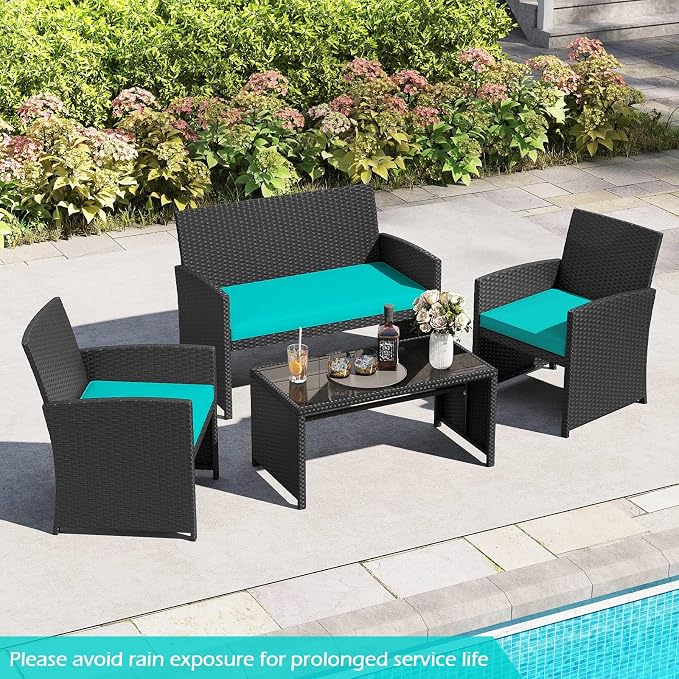 RELAX4LIFE 4-Piece Patio Furniture Set - Wicker Rattan Outdoor Sectional Sofa Set w/Glass Coffee Table, Loveseat, 2 Chairs & Soft Cushions, Bistro Conversation for Garden Porch (1, Black-Turquoise)