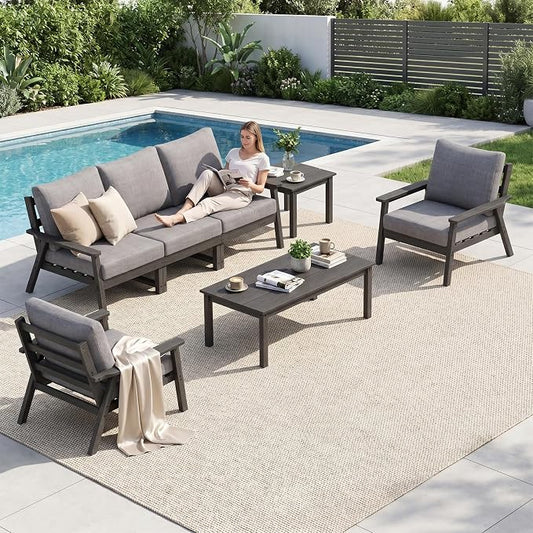 Ayge HDPE Patio Furniture Set, 7 Piece Sectional Outdoor Furniture Set, All Weather Outdoor Couch Set Patio Conversation Set for Deck, Lawn, Black