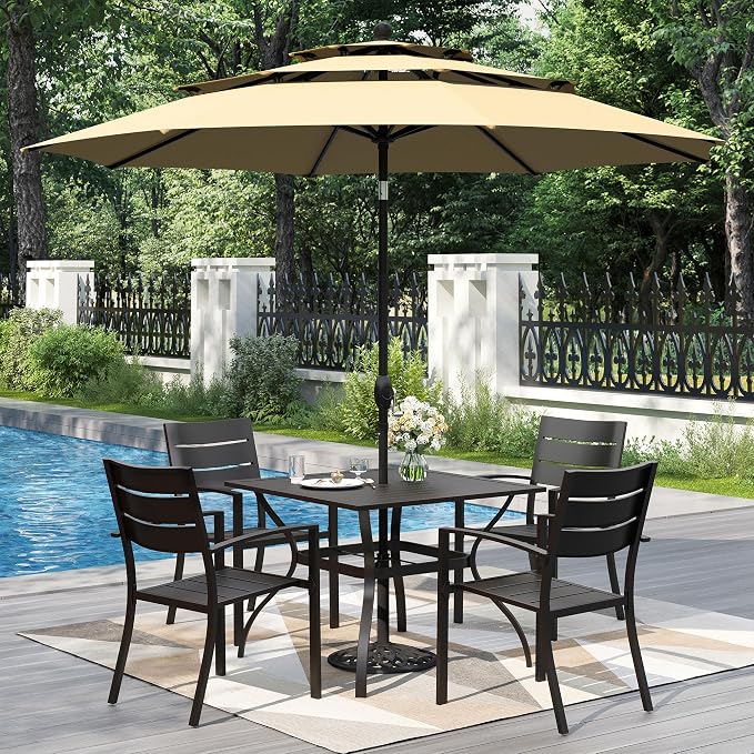 PHI VILLA 5 Pieces Outdoor Dining Set with Umbrella for 4 | 37" Square Metal Steel Table & Stacking Wrought Iron Chairs & 3-Tier Beige Umbrella, Outside Furniture Set