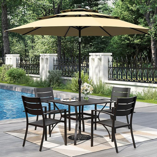 PHI VILLA 5 Pieces Outdoor Dining Set with Umbrella for 4 | 37" Square Metal Steel Table & Stacking Wrought Iron Chairs & 3-Tier Beige Umbrella, Outside Furniture Set