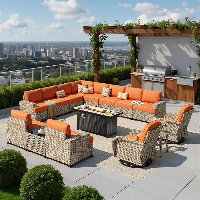 HOOOWOOO Sectional Patio Furniture Set with Fire Pit Table,15 Pieces Wicker Outdoor Furniture L Shaped Couch,Outside Conversation Set Extra Deep Seat Sofa Wide Arm Swivel Chairs Solar Light,Brick Red