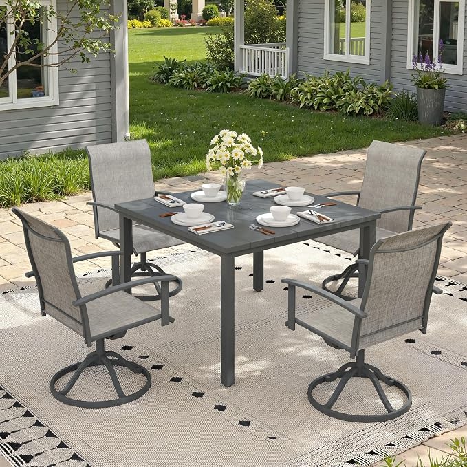 5 Pieces Patio Dining Set, Outdoor Furniture of 40.2" Square Patio Table and Patio Swivel Chairs for Backyard Lawn Garden, Dark Grey Table and Grey Chairs