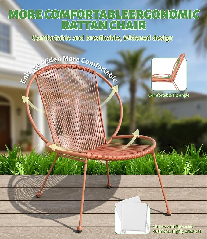 3-Piece Outdoor Patio Bistro Set, Wicker Chairs with Cushions, PE Rattan All-Weather Conversation Set with Coffee Table for Balcony, Porch, Backyard, Poolside, Garden, Deck, Terracotta