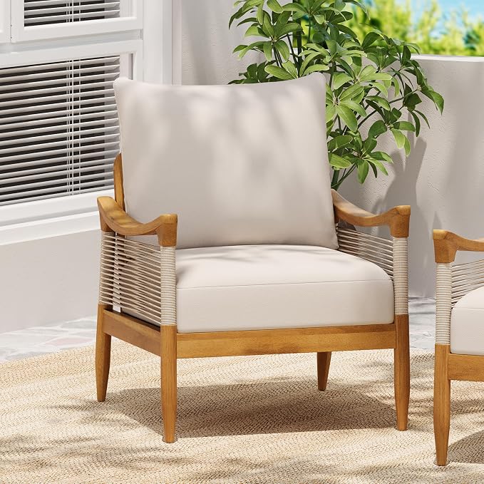 Merax Woven Rope Patio Club Chair, Acacia Wood Outdoor Armchair | Teak-Finish Acacia Frame, Woven Rope Seat, Thick Cushion, Deep Seating For Patio, Porch, Garden, Backyard Or Balcony