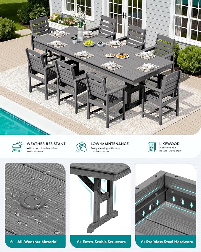 SERWALL 10 Piece Outdoor Dining Set with 15ft Triple-Head Foldable Umbrella(Based not Included), 84" HDPE Outdoor Table and Chairs for 8, Gray