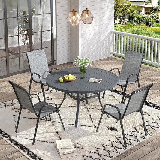 VICLLAX Patio Dining Set for 4, All Weather Metal 5 Pieces Patio Set-40.6" Round Outdoor Table and Stackable Chairs for Lawn Garden and Backyard, Grey Tabletop