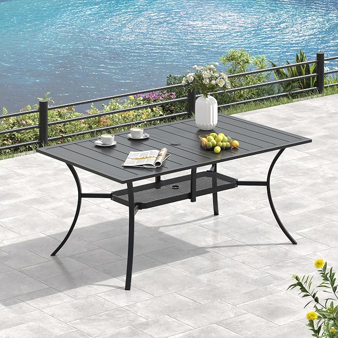 VICLLAX 7 Pieces Patio Dining Set, Patio Furniture Set of 6 Patio Swivel Dining Chairs and Rectangular Patio Table with Storage Shelf, Navy Blue Chairs & Black Tabletop