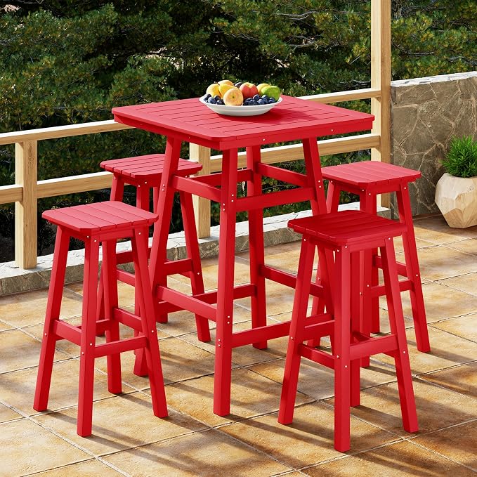 Costaelm Outdoor Bar Table, 42" Counter Height Square Patio Cocktail Bar Table with Umbrella Hole, Patio Bistro Dining Pub Table for Front Porch Deck Backyard Garden, Red