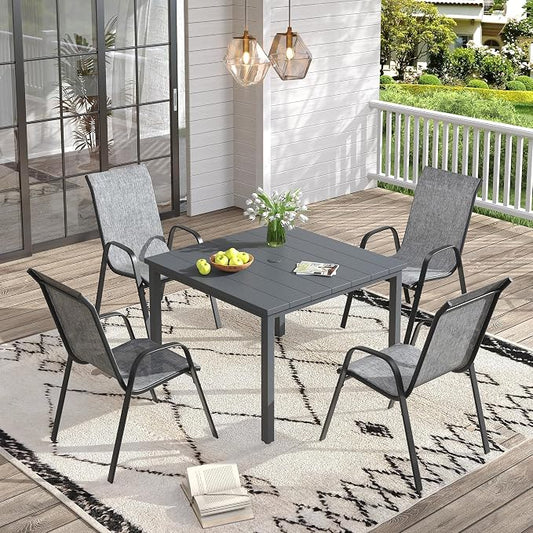 VICLLAX Patio Dining Set for 4, All Weather 5-Piece Patio Set-40.2" Square Outdoor Table and 4 Stackable Chairs for Lawn Garden and Backyard,Grey Tabletop