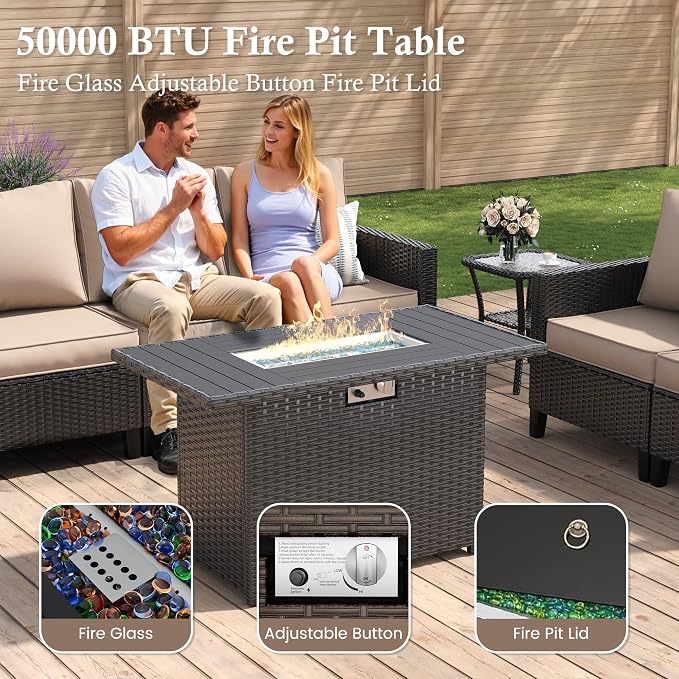 Amopatio Patio Furniture Set with Fire Pit Table, Wicker Outdoor Sectional Sofa with Swivel Rocker Chairs, All-Weather Rattan Conversation Set, Waterproof Cover for Backyard, Deck Black/Khak 5 PCS