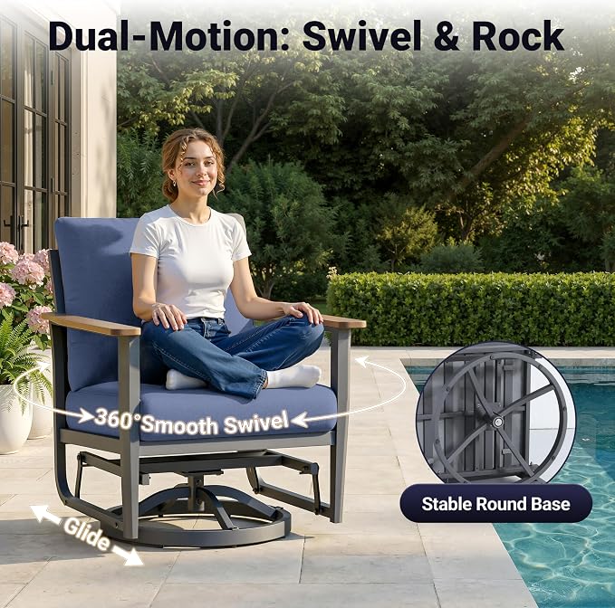 Aluminum Outdoor Patio Furniture Set, 10-Piece Sectional Sofa with 5.1" Thick Cushions, Swivel Rocking Chairs, 55,000 BTU Fire Pit Table, Outdoor Couch for Backyard, Deck, Navy Blue
