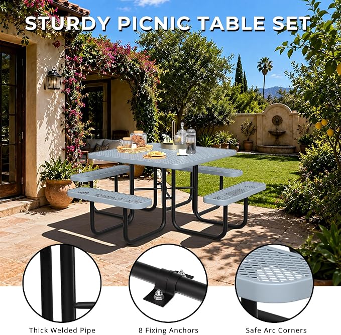 All-Weather Square Outdoor Picnic Table, Commercial Picnic Table Bench Set with Umbrella Hole, Thermoplastic Coated Metal Dining Tables for School, Stores, Park, Patio, Yard, Grey