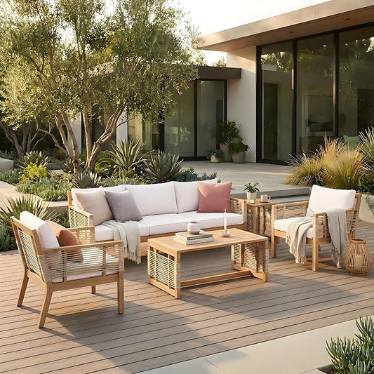 KLMM 5-Piece Patio Acacia Wood Sofa Set,Outdoor Hand Woven Rope Conversation Set with 3 Seater Sofa,2 Chairs and 2 Coffee Tables,for Garden Backyard Poolside (Teak+ Beige-pa)