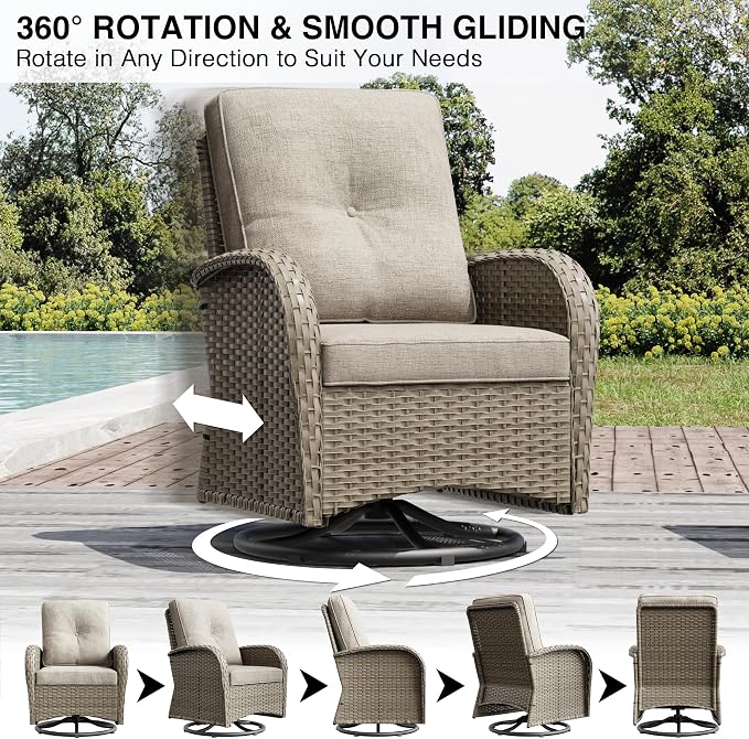 Joyside Outdoor Swivel Rocker Chairs, 3 Piece Wicker Patio Set with Thickened Cushions, High Back, Deep Seating, Wide Armrest, Outdoor Swivel Chairs for Porch, Deck