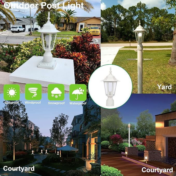 Outdoor Post Light, Rustproof Aluminum Pole Lamp, White | Exterior Lamp Post Light Fixture for Garden, Yard, Pathway, Waterproof, Glass, E26 Base, Max 60W, 1 Pack