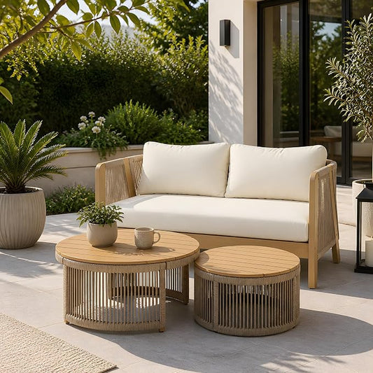 Christopher Knight Home Dalba Acacia Wood Outdoor Loveseat and Coffee Table Set, 3 Piece Patio Furniture Set with Removable Cushion, Solid Wood Outdoor Conversation Set, Light Teak+Beige