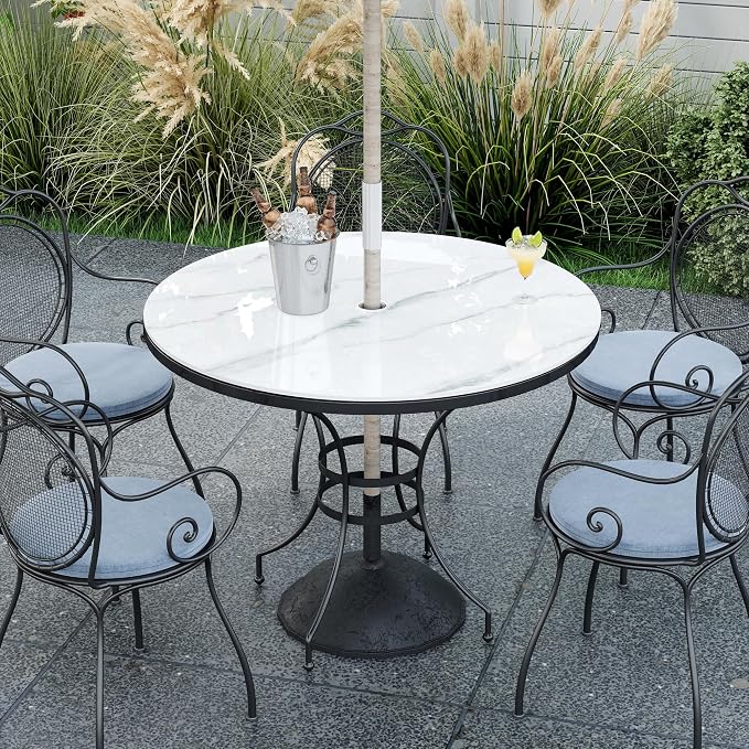ZL ZELing Outdoor Round Patio Table Top with Umbrella Hole - 39.37 Inch Sintered Stone Dining Table for Outdoor Patio, Weather-Resistant Slate Countertop Replacement for Garden, Deck, Bar