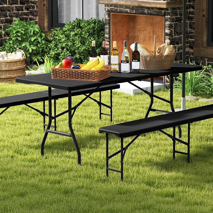 Goplus 6ft Plastic Folding Table, 350 LBS Outdoor Heavy Duty Folding Tables with HDPE Tabletop, Handle, Lock, Foldable Rectangle Portable Utility Card Table for Picnic, Party, Camping, Dining