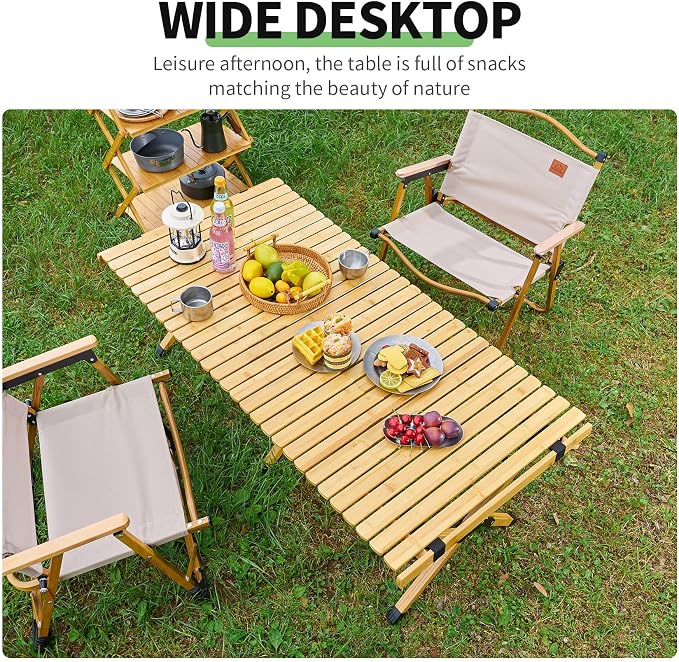 UNICOO –Bamboo Roll Up Picnic Table, Portable Camping Table W/Carry Bag, Low Height Foldable BBQ Top for Indoor & Outdoor Party, BBQ and Hiking (Natural, 4 FT)