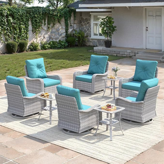 9-Piece Patio Furniture Set, Outdoor Swivel Rocking Chairs with 4" Thick Cushions & Side Table, All-Weather PE Rattan & Rust-Resistant Steel Frame Conversation Set for Porch, Backyard,Turquoise