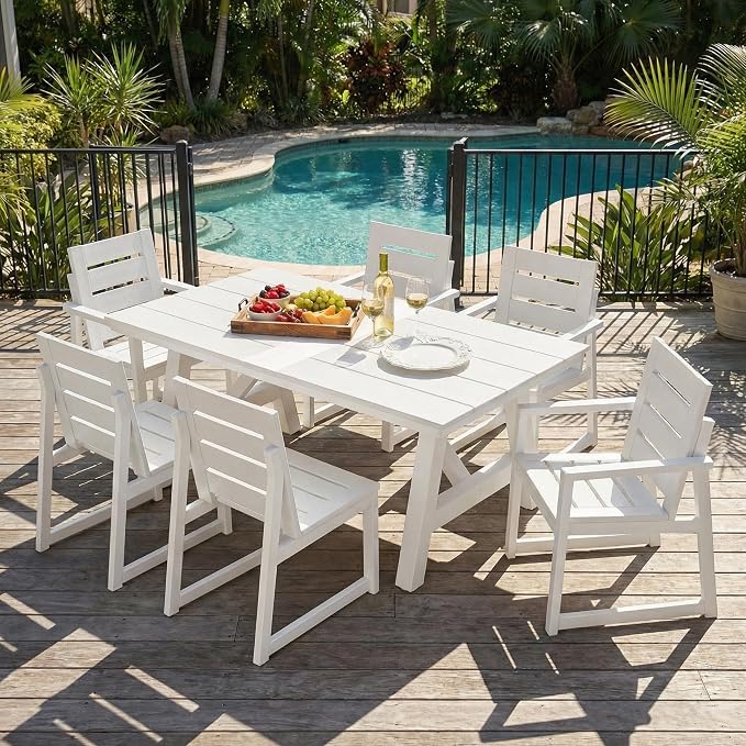 Costaelm Stinson 7-Piece Outdoor HDPE Patio Dining Table Set with Umbrella Hole & Dining Chairs for 6, White