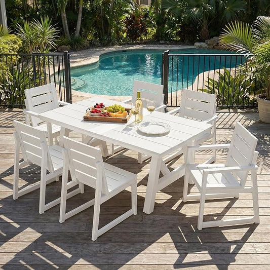 Costaelm Stinson 7-Piece Outdoor HDPE Patio Dining Table Set with Umbrella Hole & Dining Chairs for 6, White