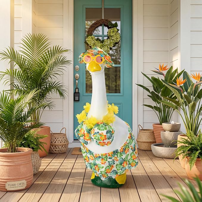 Green Bikini Goose Clothes Set with Sunglasses Lei Hat, Green Hawaiian Swimming Suits Porch Goose Outfits for 23 Inch Goose Statue, Summer Tropical Yard Garden Decor (Green)
