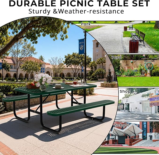 6FT Rectangular Steel Outdoor Picnic Table, Commercial Picnic Table Bench Set with Umbrella Hole, Weather-Resistant Heavy Duty School Dining Table for Stores, Park, Patio, Garden, Backyard, Green