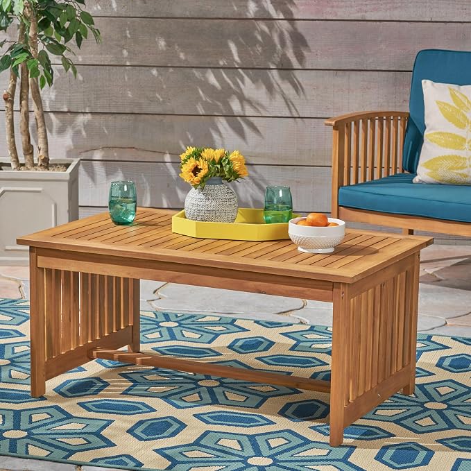 Merax Outdoor Acacia Wood Coffee Table, All-Weather Patio Tables for Outside, Backyard, Porch, Garden, Balcony, Poolside, Brown + Antique Bronze