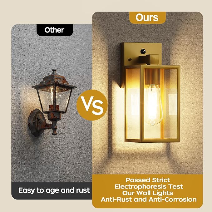 Dusk to Dawn Exterior Lighting Fixtures, Outdoor Porch Light Wall Sconce | 10.65 inch, Anti-Rust Metal Frame, Tempered Glass, E26 Base, Waterproof, Sensor Wall Lantern for Patio, Garage, Entryway