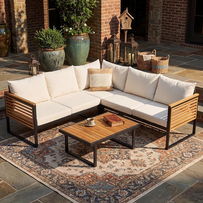JIVOIT Outdoor Patio Furniture Set, 4-Piece Acacia Wood and Metal Patio Sofa Corner Set with Coffee Table, Modern Conversation Set for Backyard Porch Garden Balcony