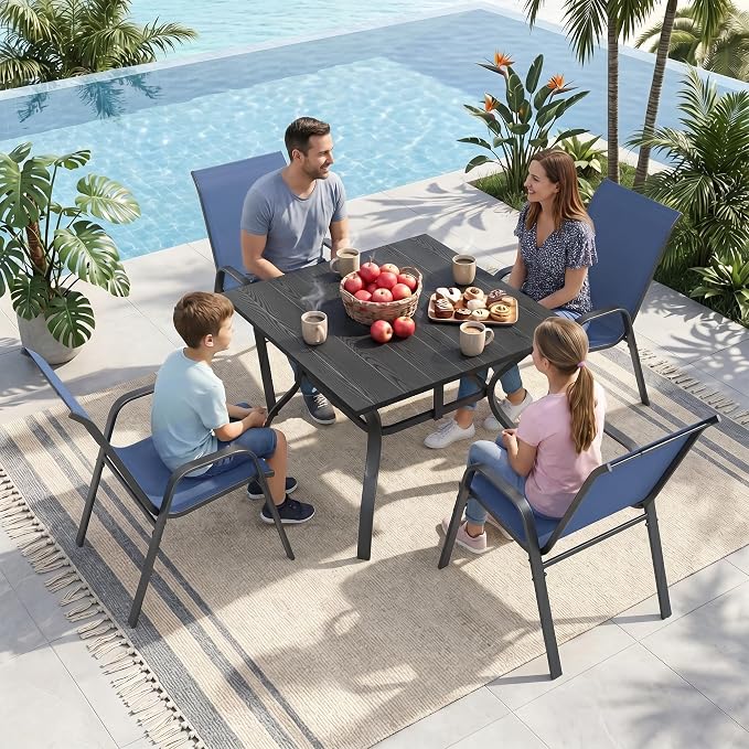 Outdoor Dining Set for 4, Patio Metal Table and Chairs Set with 1.97'' Umbrella Hole, 5pcs Patio Furniture Set 37.8”x37.8” Dining Table Set with Stackable Chairs for Backyard Pool Deck